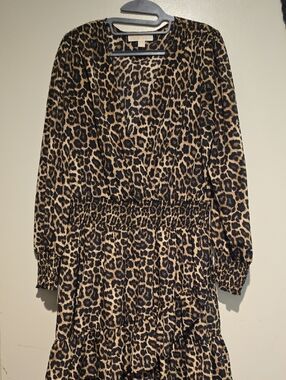 Michael Kors Leopard Print Long Sleeve Faux Wrap Dress